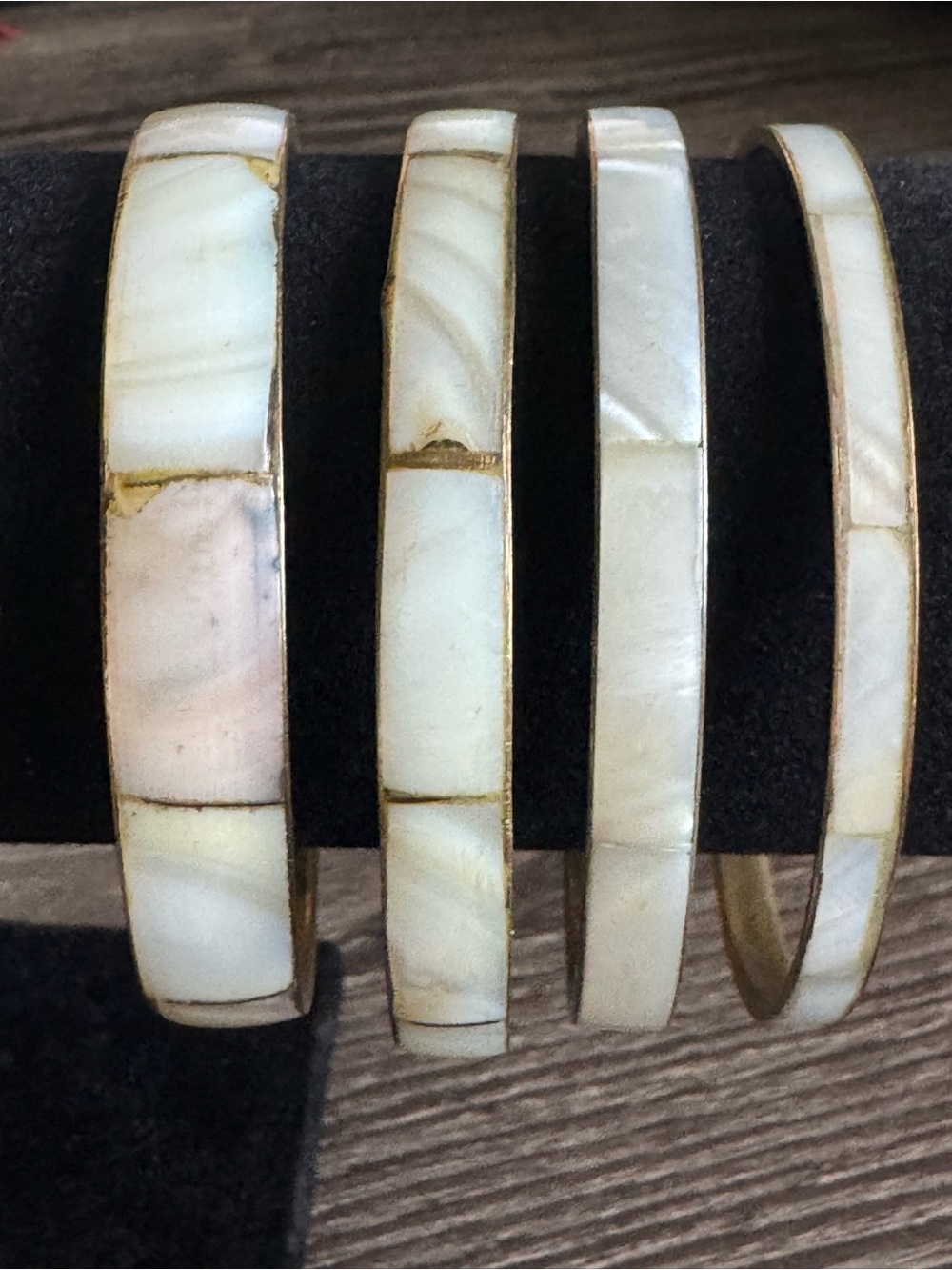 Vintage Mother-Of-Pearl and Brass Inlay Bangle Bracelets 1970-1980